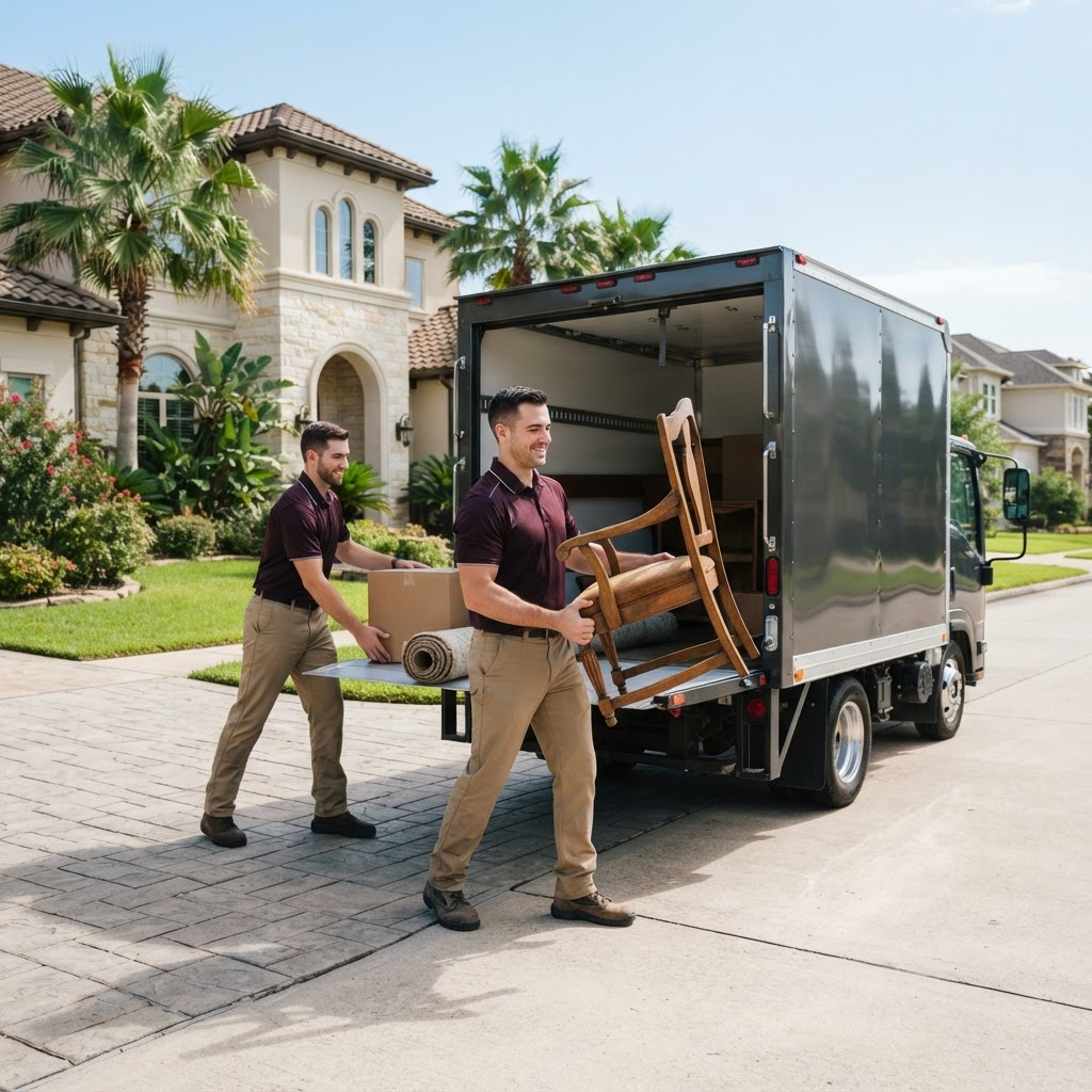 Franc's Clutter Co crew loading furniture and boxes into a truck outside a home